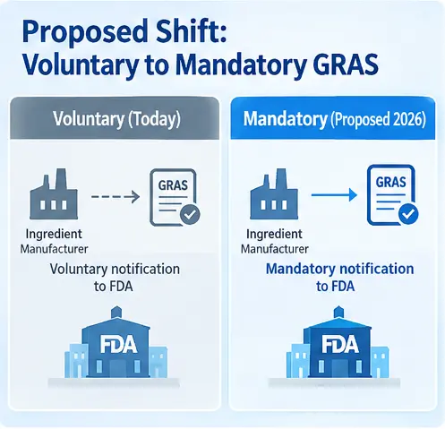 Diagram showing the proposed shift from voluntary to mandatory GRAS notification for animal food ingredients