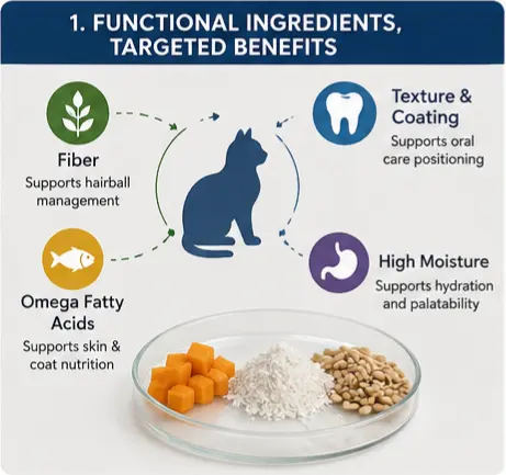 Functional cat treat formulation with dietary fiber, oils, and selected ingredients