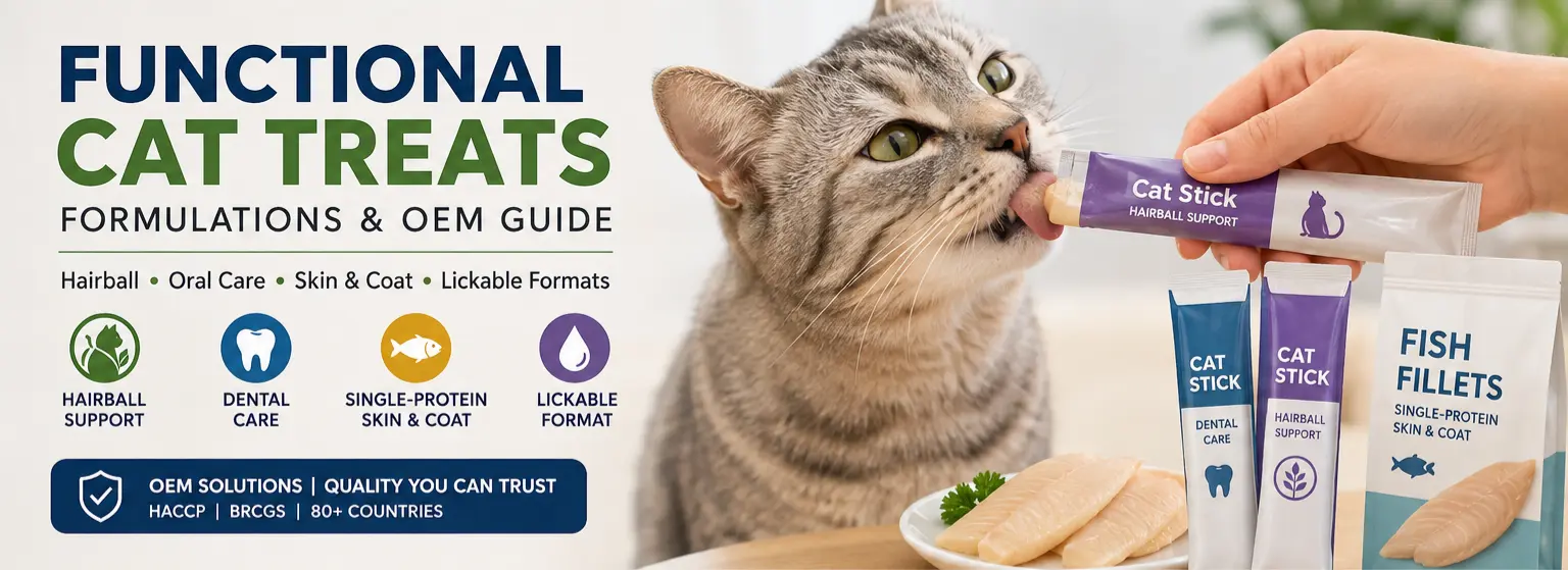 Functional cat treats including cat sticks and fish fillets for OEM programs