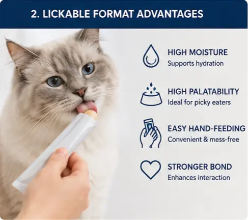 Lickable cat treat stick in squeeze-up tube format