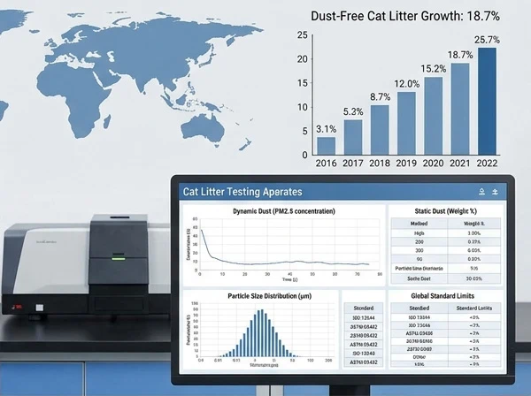 A digital monitor showing cat litter particle size distribution graphs and market growth statistics next to a world map.