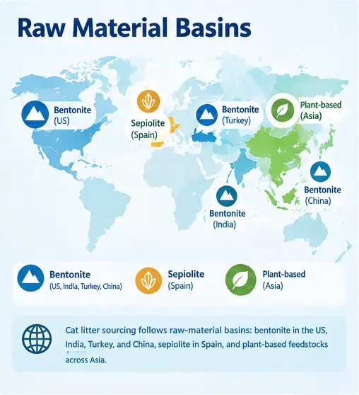 Cat litter raw material basins for bentonite, sepiolite, and plant-based feedstocks