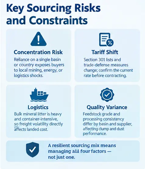Global cat litter sourcing risks including concentration, tariffs, logistics, and quality variance