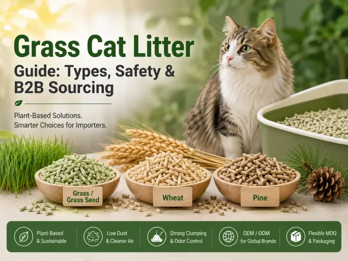 Grass cat litter guide showing grass, wheat, and pine plant-based litter types