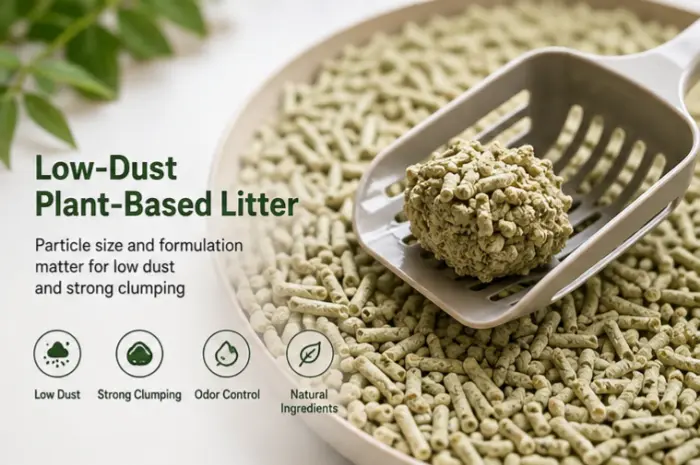 Low-dust grass-based cat litter with clumping performance