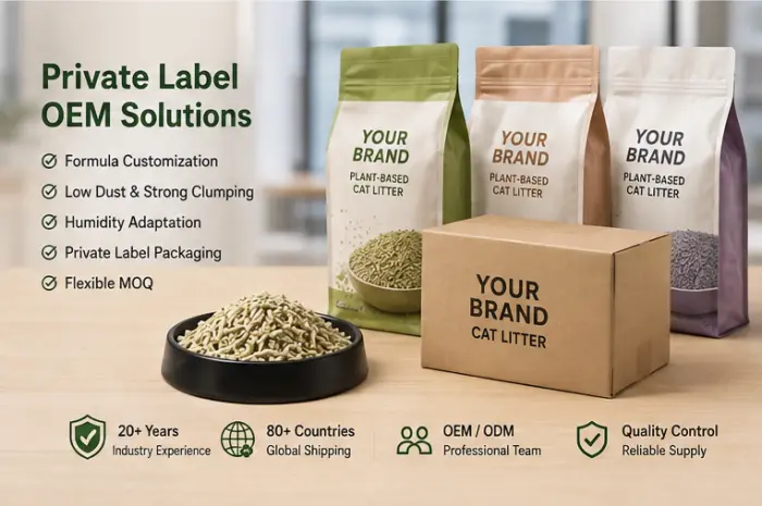 Plant-based cat litter OEM and private label packaging options