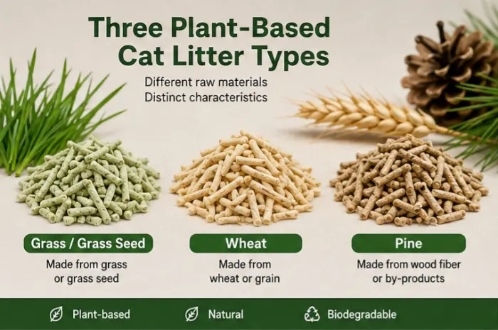 Grass, wheat, and pine-based cat litter shown as separate plant-based litter types
