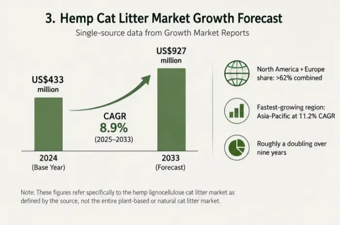 Hemp cat litter market growth from the 2024 base year to the 2033 forecast