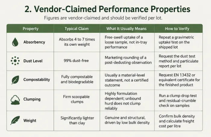 Comparison of vendor-claimed performance properties for hemp cat litter