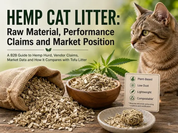 Hemp cat litter made from hemp hurd with a cat and plant-based litter materials