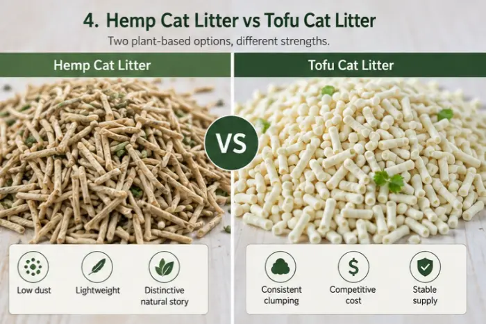 Side by side comparison of hemp cat litter and tofu cat litter for buyers