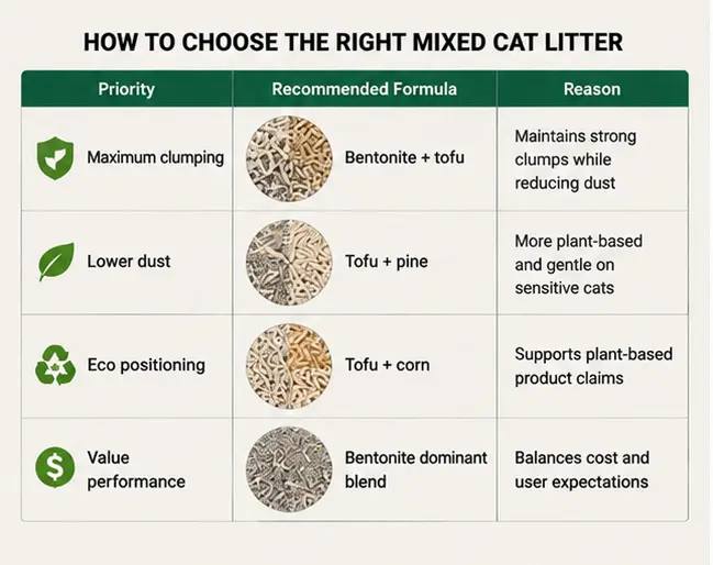 Comparison chart showing mixed cat litter formulas for clumping dust control and eco positioning