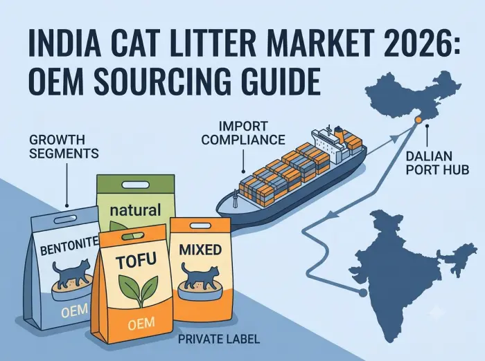 India cat litter market 2026 infographic with OEM sourcing route from China and private label products