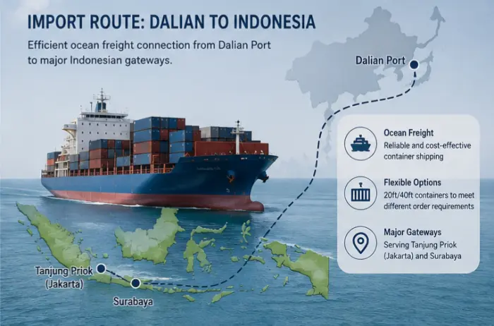 Shipping route from Dalian Port to Indonesia for cat litter imports