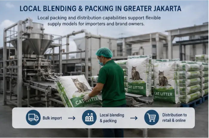 Local cat litter blending and packing operations near Jakarta