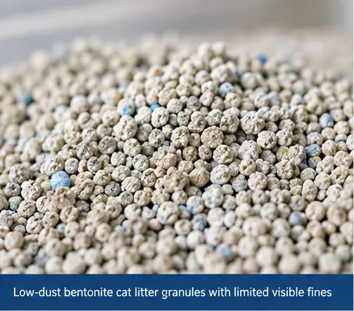 Low-dust bentonite cat litter granules with limited visible fines