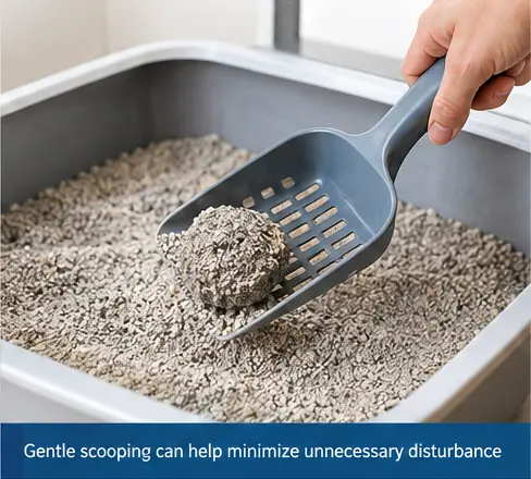 Cat litter tray being scooped with minimal disturbance