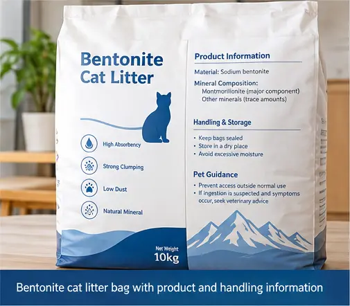 Bentonite cat litter bag with product and handling information