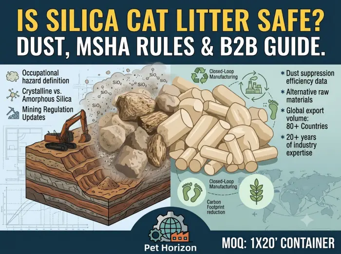 Infographic B2B guide cover about silica cat litter safety: comparing clay mining dust hazards vs. plant-based alternatives. Highlights MSHA rules and manufacturing controls.
