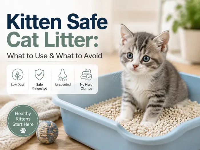 Kitten safe cat litter guide showing a kitten using low dust plant based litter