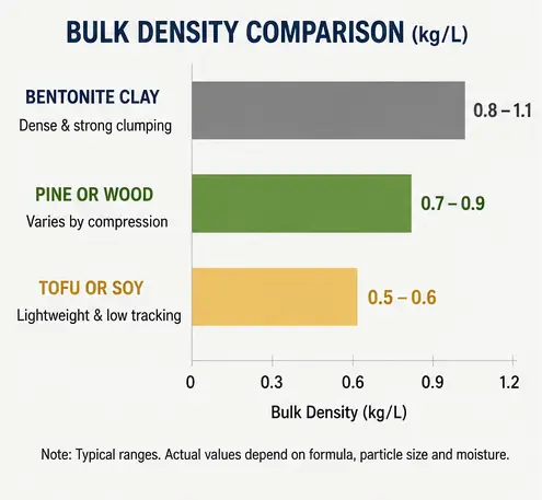 Bulk density comparison of bentonite, pine, and tofu cat litter