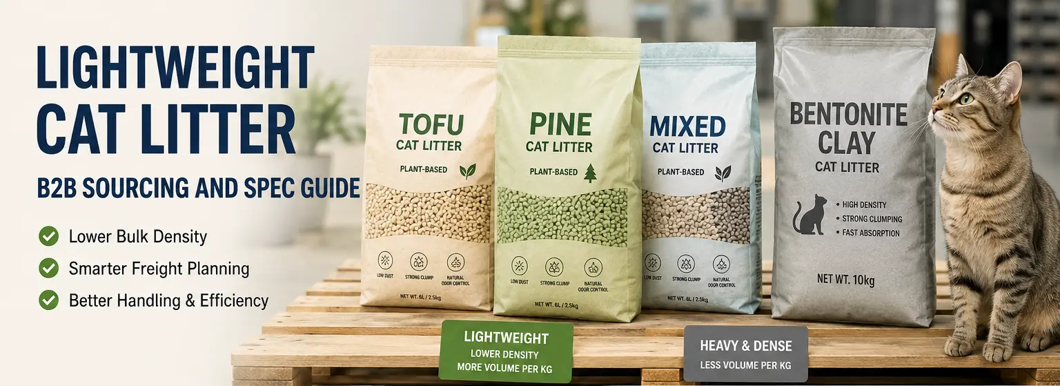 Lightweight cat litter bags compared with dense clay litter on a pallet