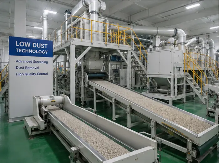 Modern bentonite cat litter manufacturing line with advanced dust control technology.