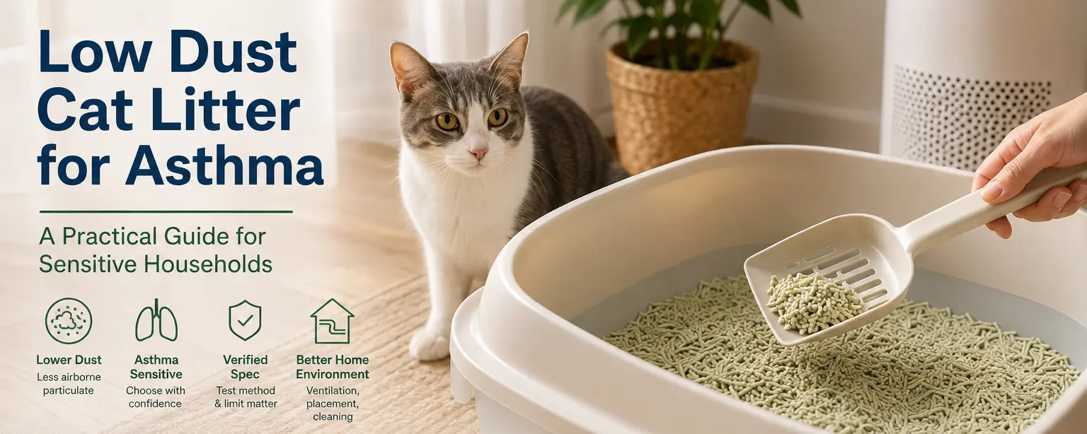 Low dust cat litter for asthma shown beside a clean litter box in a home setting