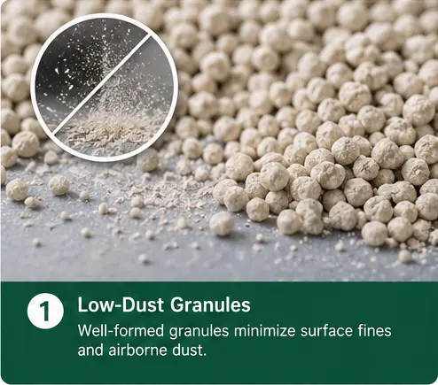 Well-formed low-dust cat litter granules with minimal visible surface fines