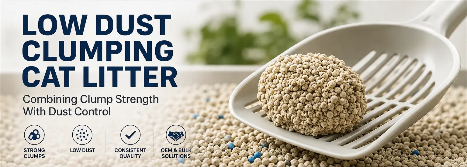 Low dust clumping cat litter forming a firm scoopable clump