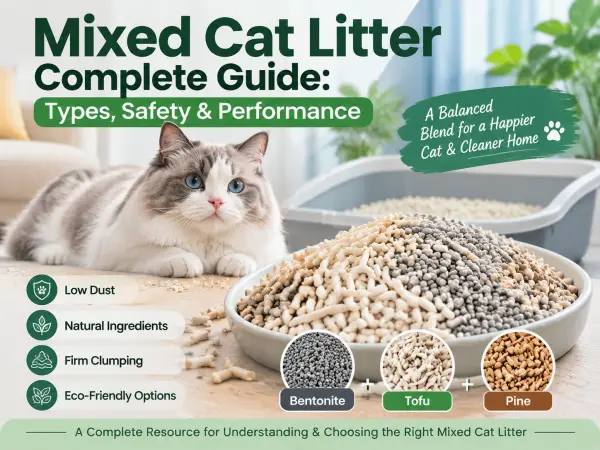 Mixed cat litter with bentonite, tofu, and pine materials for balanced performance