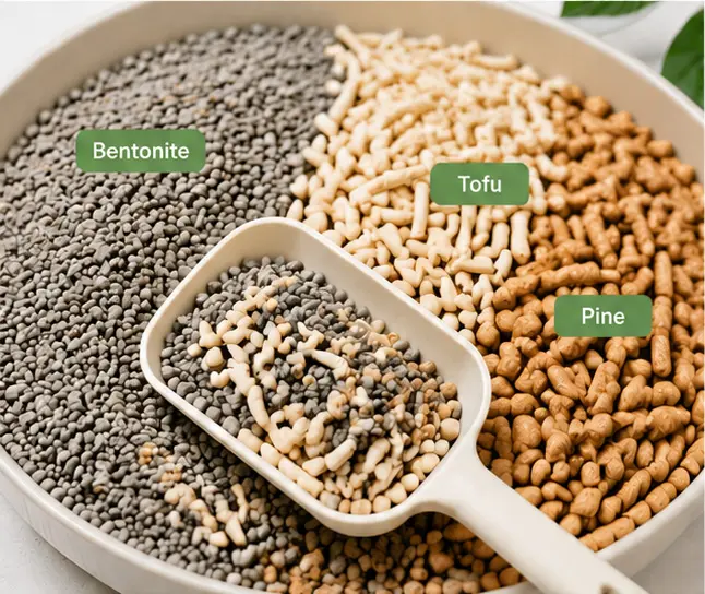 Mixed cat litter formula blending bentonite with tofu and pine-based materials