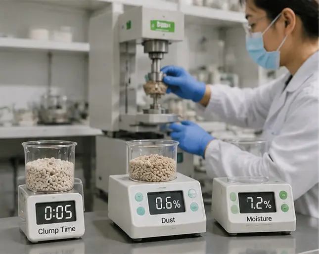 Quality testing of mixed cat litter for dust moisture and clumping performance