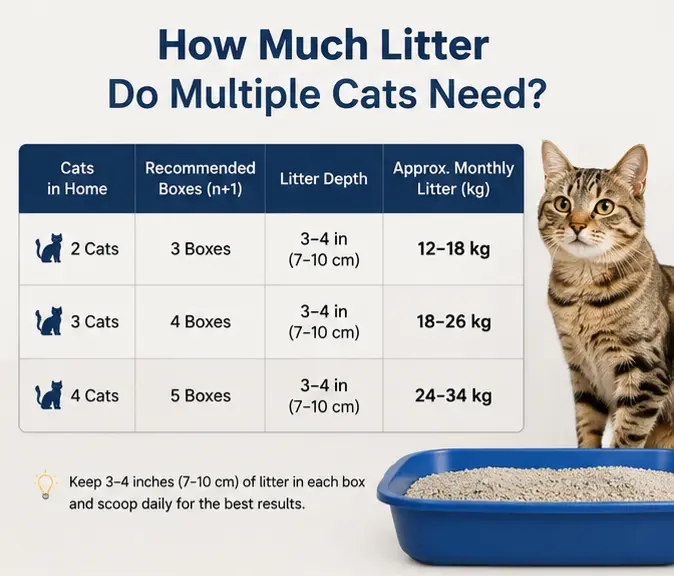 Illustrative multi-cat household litter box setup with boxes placed in separate rooms