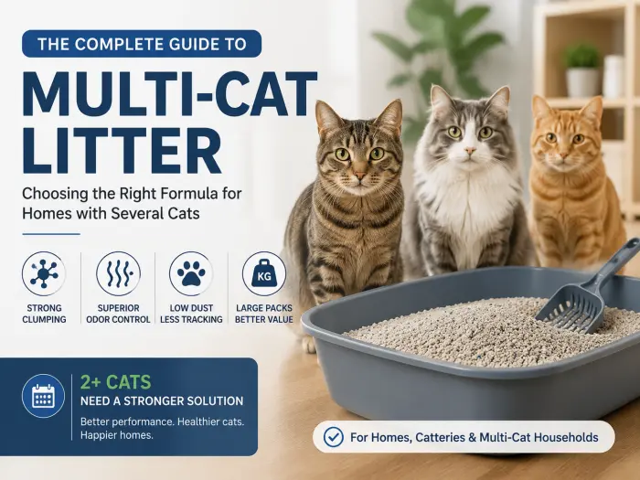 Multi-cat litter guide cover showing multiple cats, a litter box, and strong odor control features for multi-cat households
