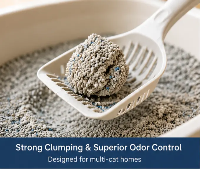 Close-up of clumping multi-cat litter granules showing strong clump formation and low dust