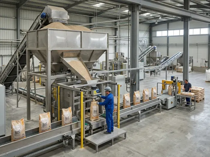 Factory view of multi-cat litter bulk production and large-pack filling line