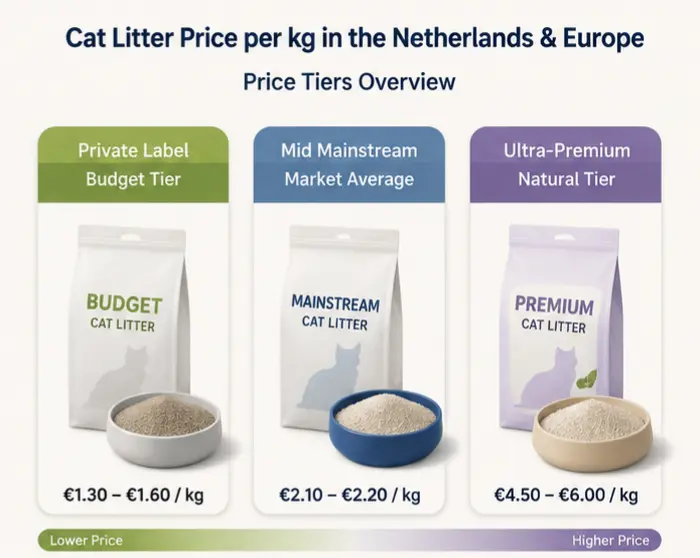 Cat litter price per kg tiers in the Netherlands and Europe