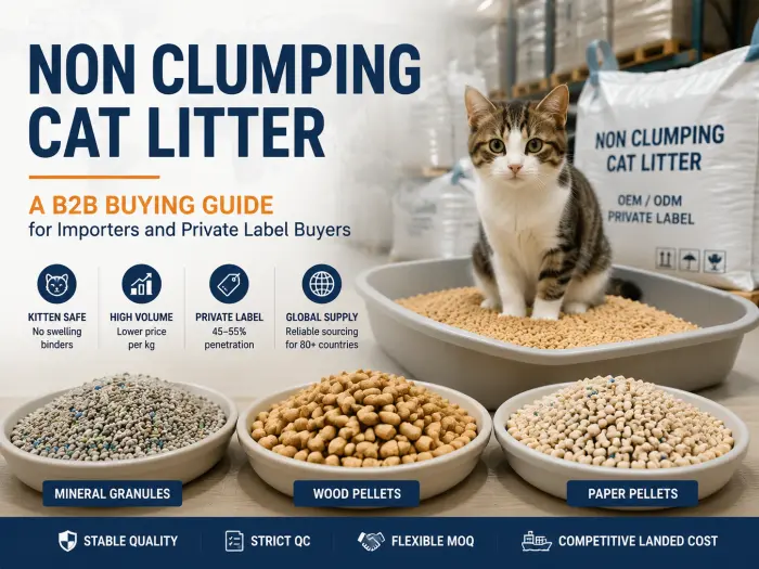 Non clumping cat litter B2B buying guide showing mineral granules, wood pellets and private label sourcing options