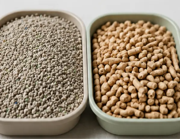 Non clumping cat litter substrate comparison showing mineral granules and wood pellets in sampling trays