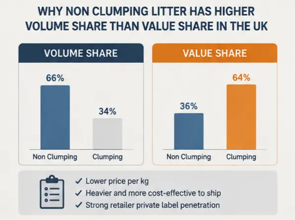 Chart showing non clumping cat litter volume share compared with retail value share in the UK market