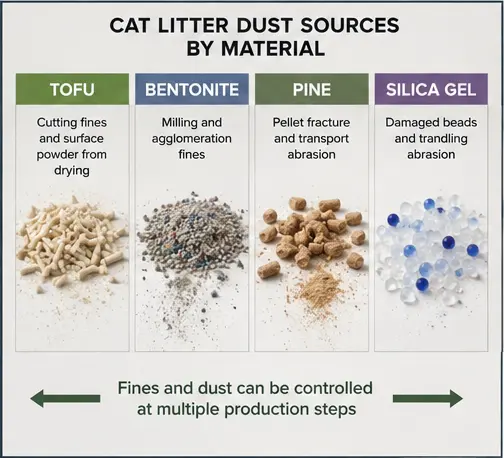 Non Dusty Cat Litter Material Dust Profiles Cat litter dust sources and process controls for tofu, bentonite, pine, and silica gel