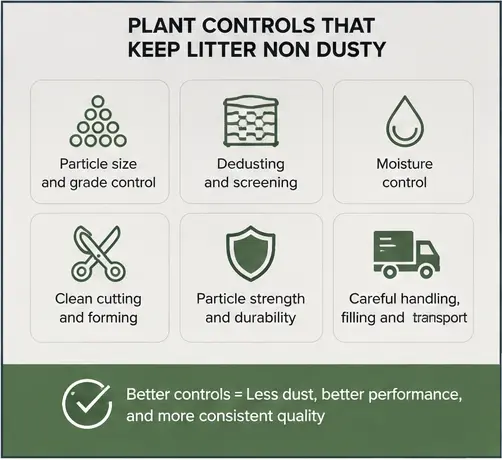 Cat Litter Dust Control in Manufacturing Manufacturing controls used to reduce cat litter dust and loose fines