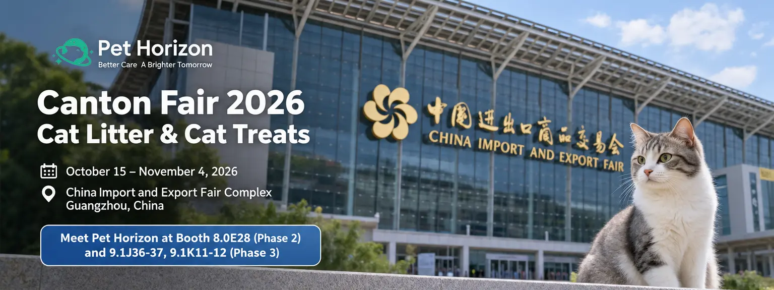 Pet Horizon Canton Fair 2026 cat litter and cat treats booth concept in Guangzhou