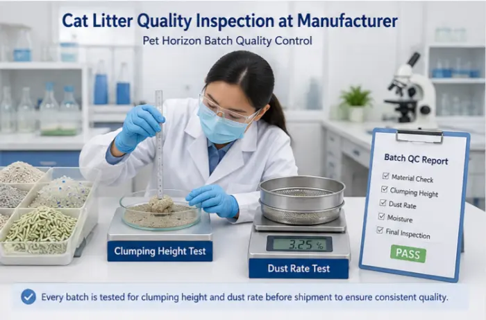 Pet Horizon batch quality control checking clumping height and dust rate of cat litter