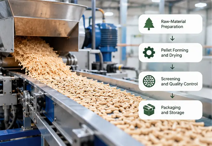 Wood pellets moving along a conveyor during cat litter production