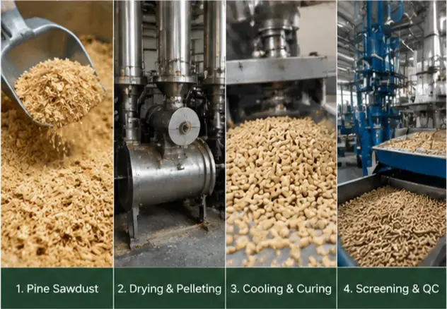 Pine cat litter manufacturing process from pine sawdust drying to pressed pellets