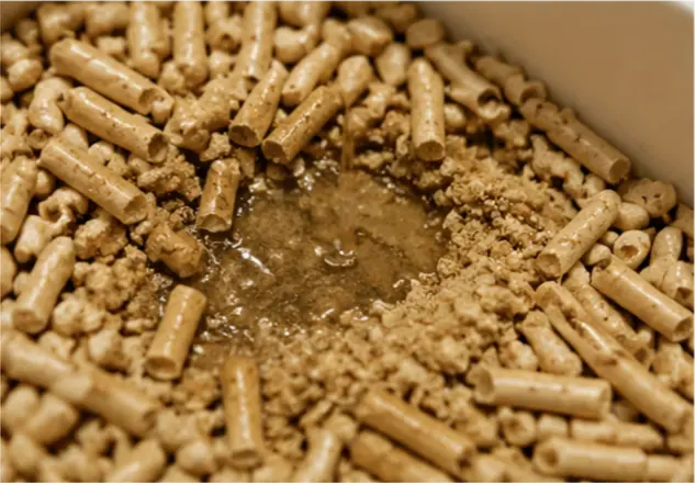 Pine cat litter pellets absorbing liquid and breaking down into sawdust