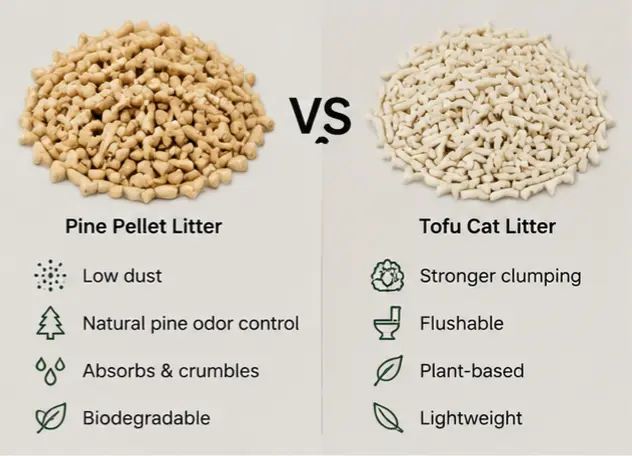 Comparison of pine cat litter pellets and tofu cat litter showing different plant-based litter materials