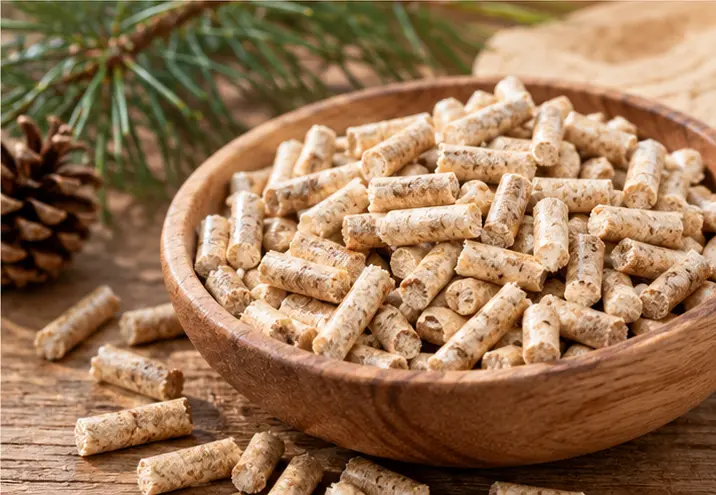 Close-up of cylindrical pine wood cat litter pellets in a wooden bowl